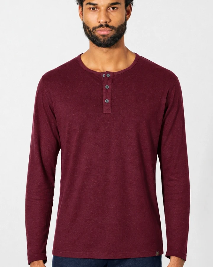 Hempage Herren vegan Langarmshirt Henley Brushed Rioja Rot