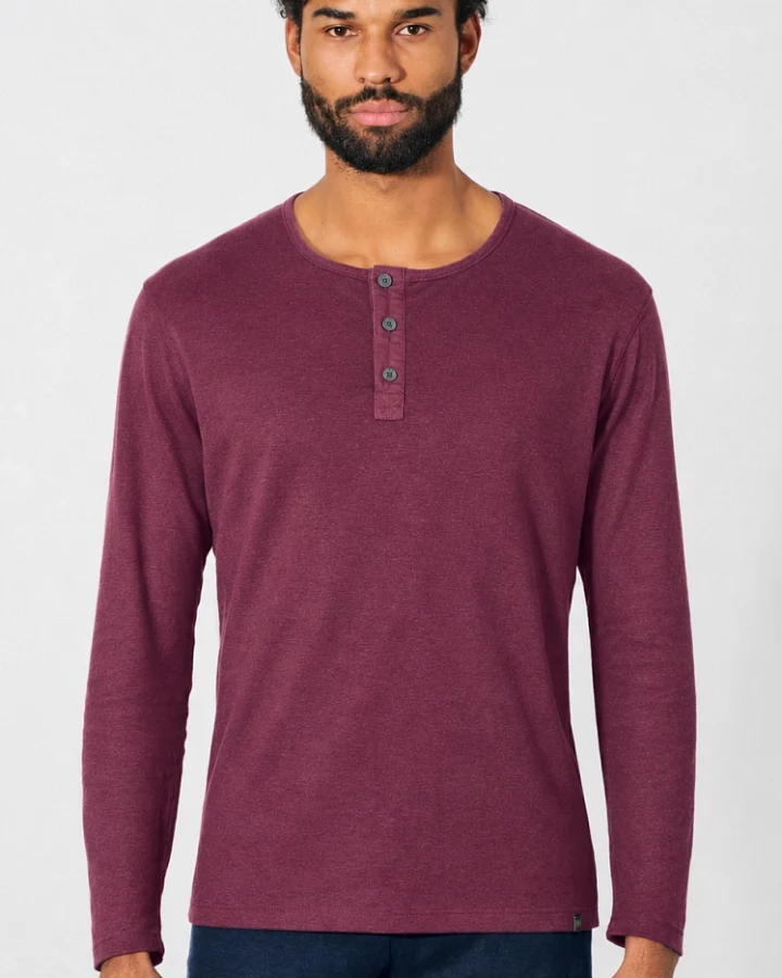 Hempage Herren vegan Langärmliges Henley Shirt Aus Gebürstetem Stoff Weinrot