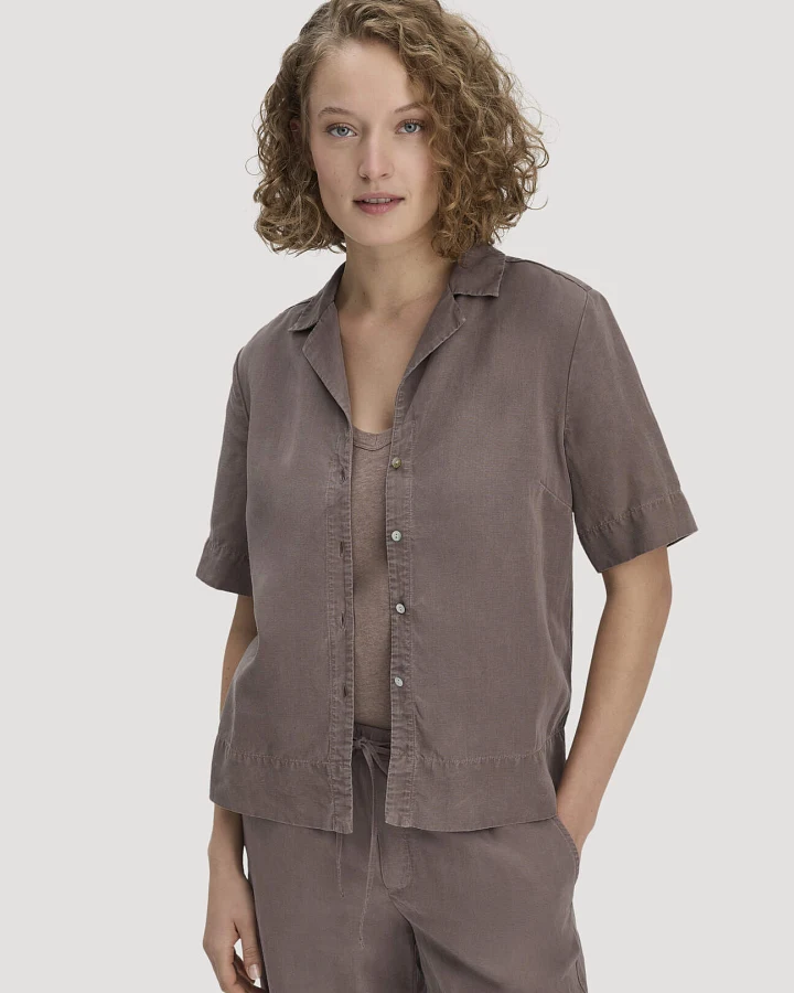 hessnatur Damen Bluse Relaxed aus TENCEL™ Lyocell mit Leinen - braun - Größe 48