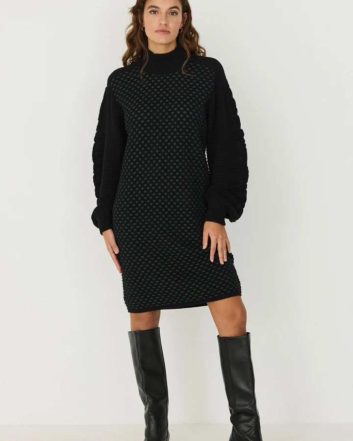 SKFK Damen vegan Kleid Mit Hohem Ausschnitt Kurz Aus Strick, Kaliope, Schwarz/Grün