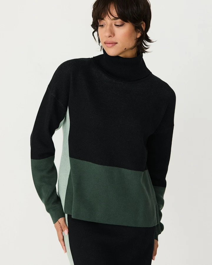 SKFK Damen vegan Pullover Rita Mit Hohem Kragen Mehrfarbig, Schwarz