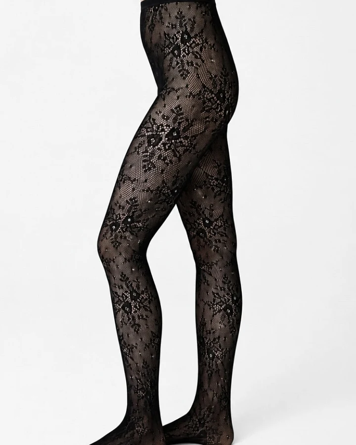 Swedish Stockings Damen vegan Strumpfhose Rosa Lace Mit Strasssteinen Schwarz