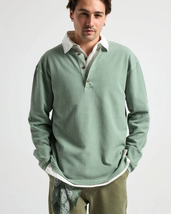Trendsplant Herren vegan Langarm Henley Shirt Deck Waffle Hedge Green
