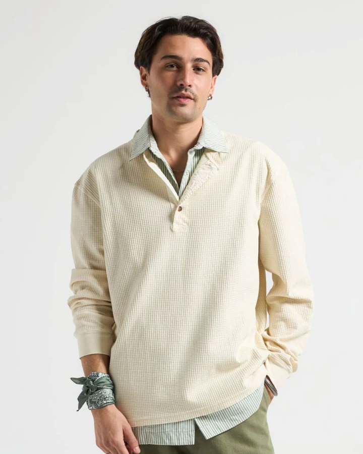 Trendsplant Herren vegan Langarmshirt Henley Deck Waffle Antikweiß