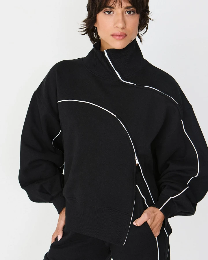 SKFK Damen vegan Sweatshirt Locker Geschnitten Mit Asymmetrischem Reißverschluss, Elisene, Schwarz
