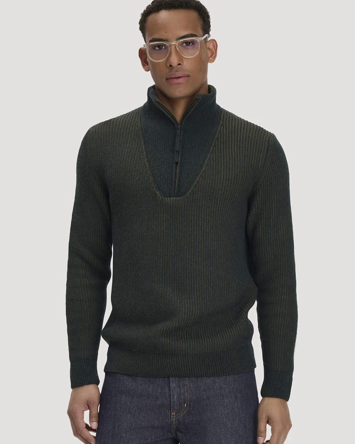 hessnatur Herren Double Knit Troyer Regular aus Bio-Baumwolle, Bio-Merinowolle und recycelter Wolle - grün - Größe L