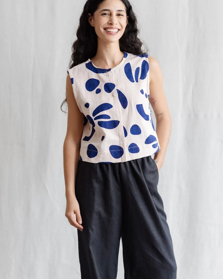 Jyoti - Fair Works Damen vegan Top Diyan Print Atlantic Weiß Blau