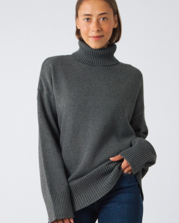 Honest Basics Damen vegan Rollkragenpullover Chunky Schiefergrau