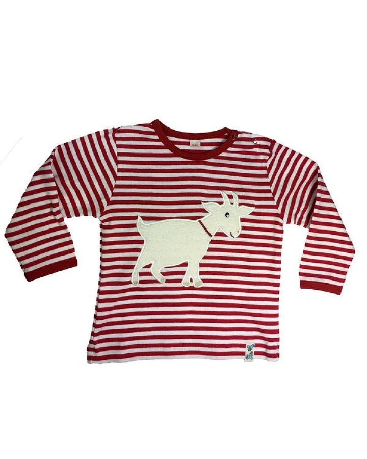 Pat und Patty Bio Kinder-Langarmshirt „Ziege“, rot/weiß gestreift – Bio-Baumwolle (kbA)