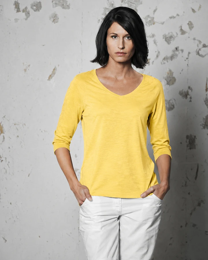 Hempage Damen vegan Raglanshirt Damen 3/4 Arm V Ausschnitt Gelb
