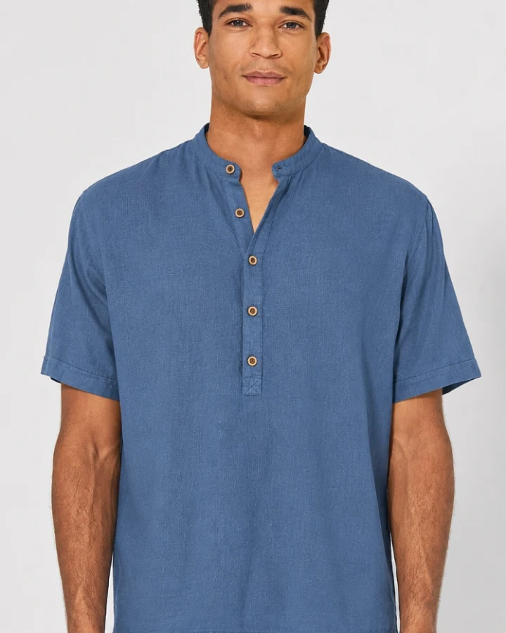 Hempage Herren vegan Kurzarmhemd Mit Stehkragen Farbe Blueberry