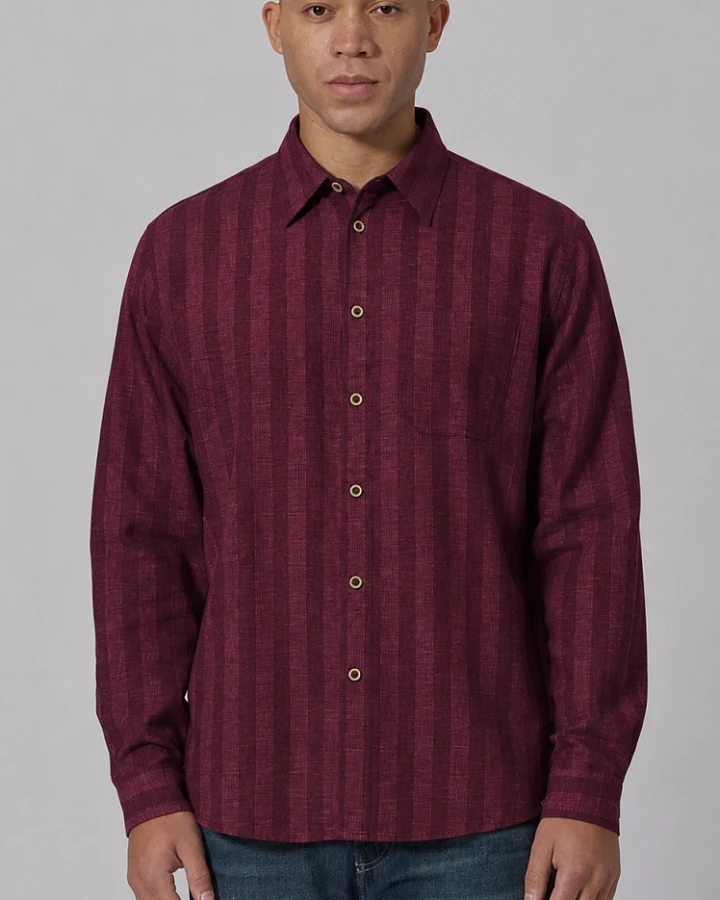 Hempage Herren vegan Hemd Gestreift Casual Hanf Baumwolle Weinrot