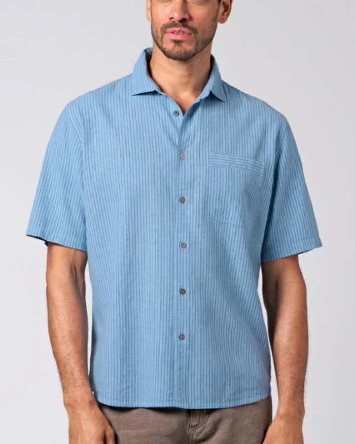 Hempage Herren vegan Hemd Gestreift Kurzarm Gletscherblau