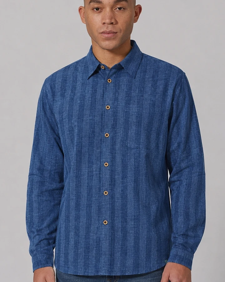 Hempage Herren vegan Gestreiftes Freizeithemd In Meeresblau