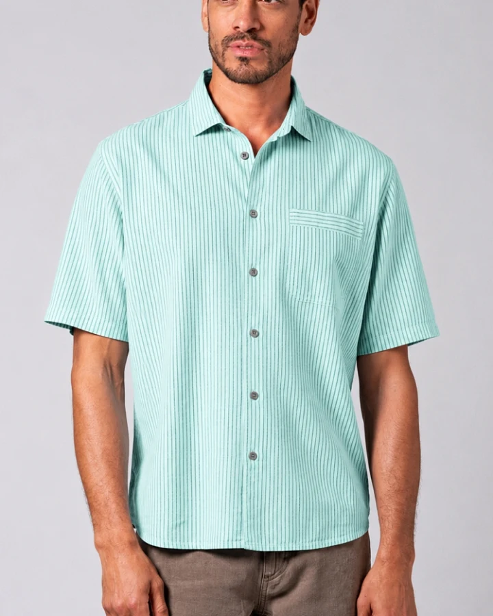 Hempage Herren vegan Kurzarmhemd Gestreift Lake Green