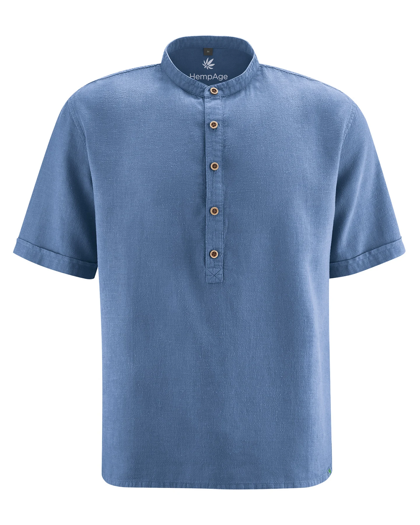 Hempage Herren vegan Kurzarmhemd Mit Stehkragen Farbe Blueberry – Ansicht 2