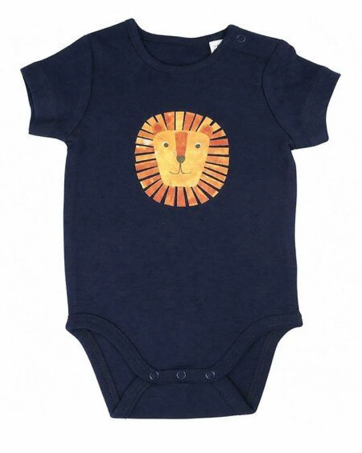 MELAdi Kinder Baby - Body aus Biobaumwolle - Löwe auf Navy Blue