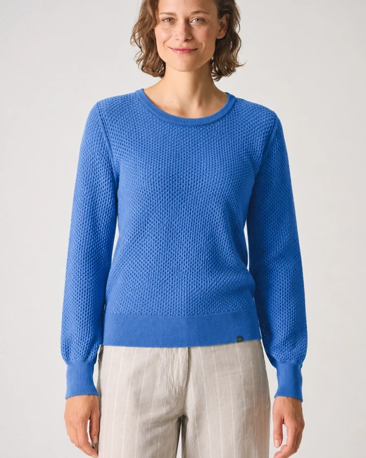 Hempage Damen vegan Pullover Aus Luftigem Offenem Strick Königsblau