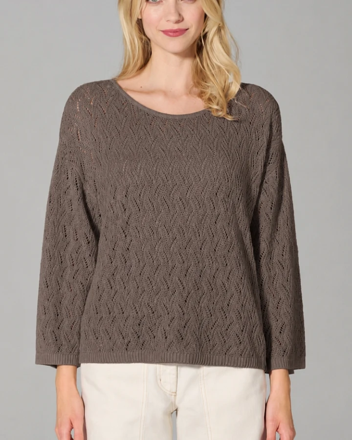 Hempage Damen vegan Pullover Mit Ajourmuster Staubbraun