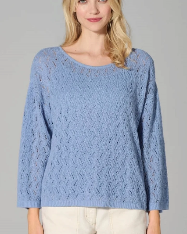 Hempage Damen vegan Pullover Mit Ajourmuster Wasserblau