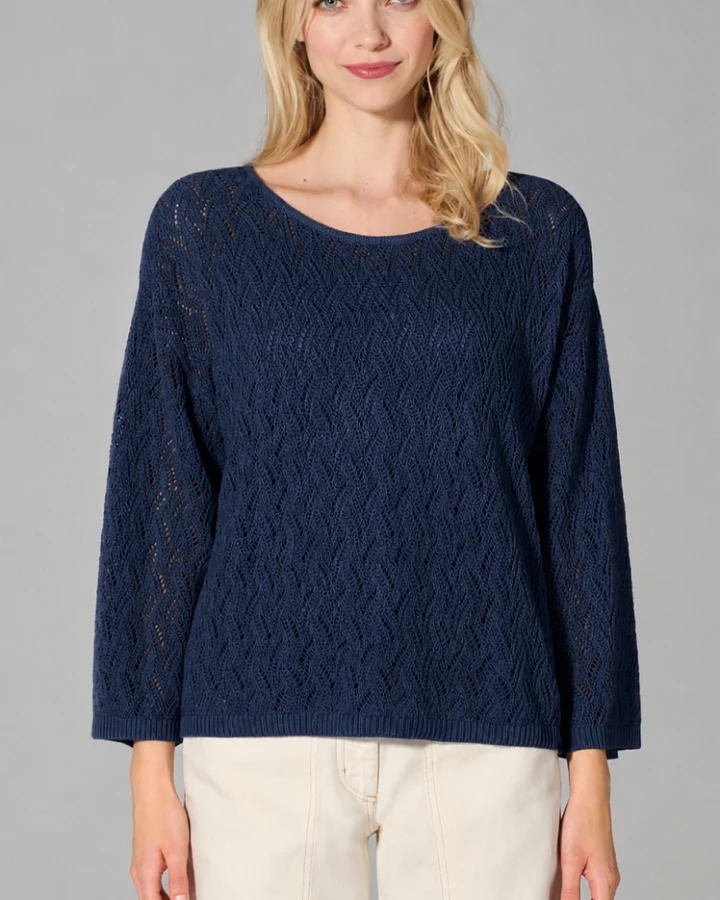 Hempage Damen vegan Pullover Mit Lochmuster Marineblau