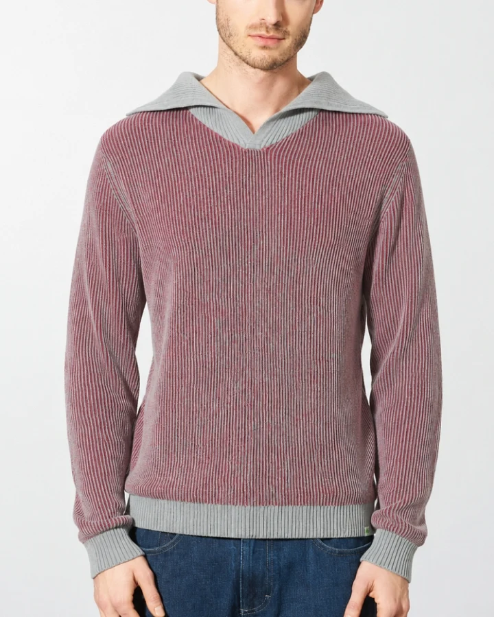 Hempage Herren vegan Pullover Elegant Troyer In Tinto Rot/Grau