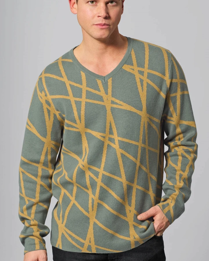 Hempage Herren vegan Pullover Mit Modernem V-Ausschnitt Thymiangrün/Dijon-Gelb