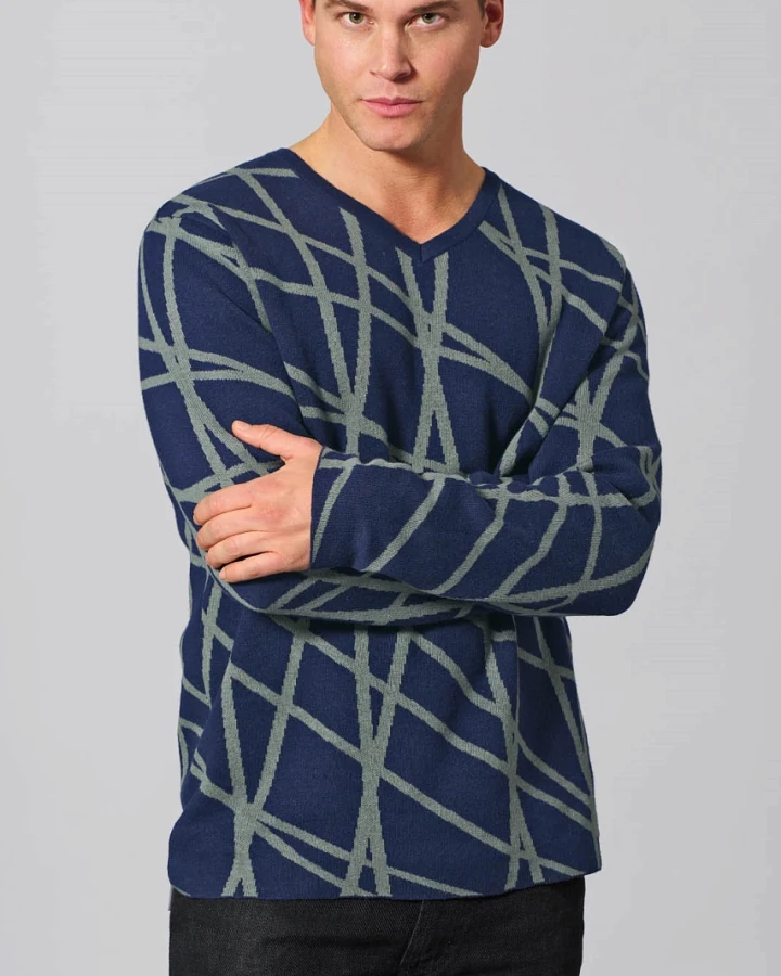 Hempage Herren vegan Pullover „modern“ Mit V-Ausschnitt Nachtblau/Thymiangrün