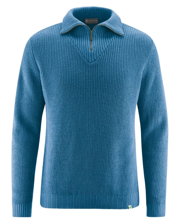 Hempage Herren vegan Pullover Textured Troyer Meerblau