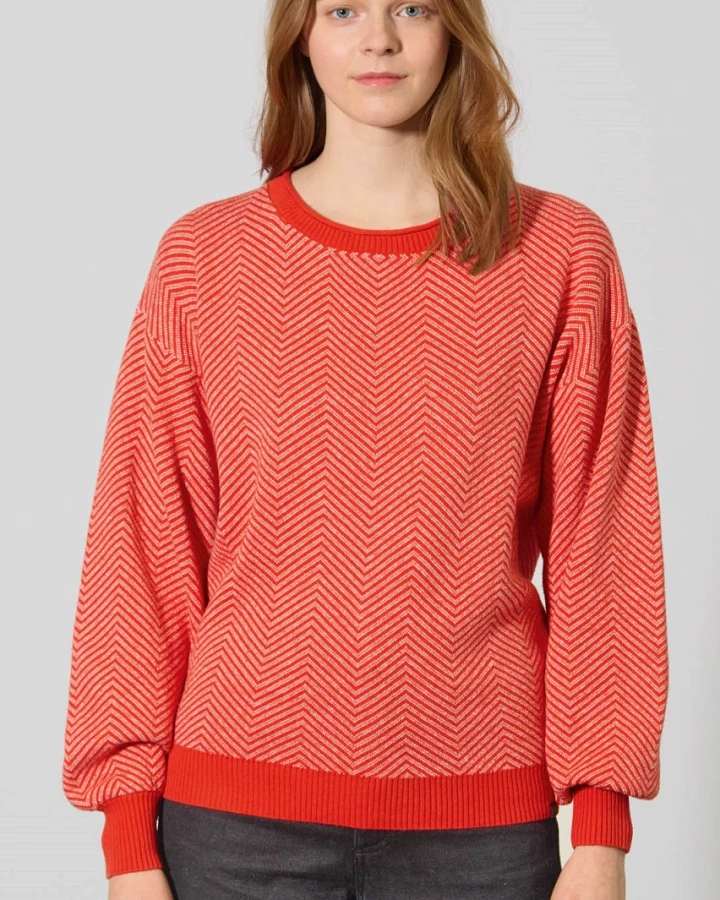 Hempage Damen vegan Pullover Modern Jacquard In Ziegelrot/Natur
