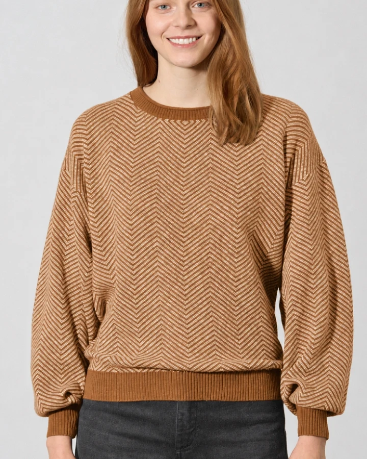 Hempage Damen vegan Pullover Modern Jacquard Mandel/Natur