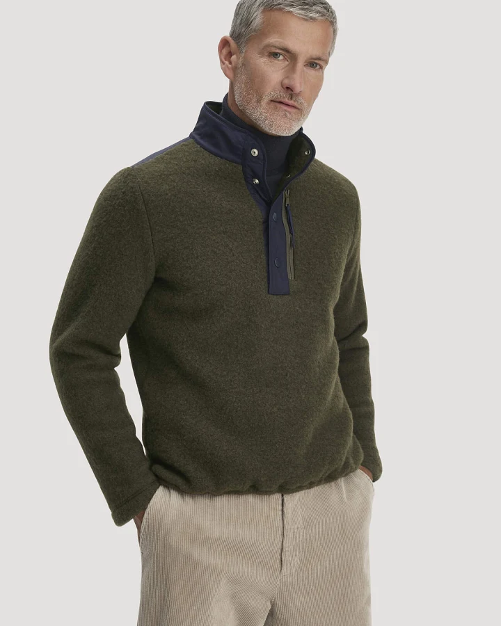 hessnatur Herren Wollfleece Troyer Relaxed aus Bio-Merinowolle - grün - Größe XL