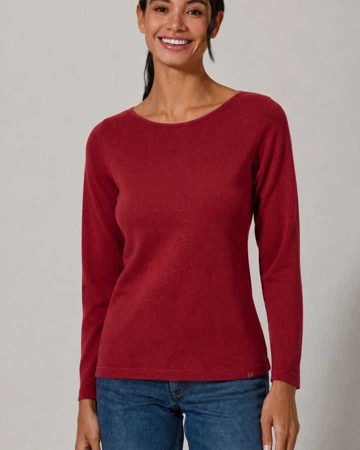 Hempage Damen vegan Langarmshirt U-Boot-Ausschnitt Rubinrot