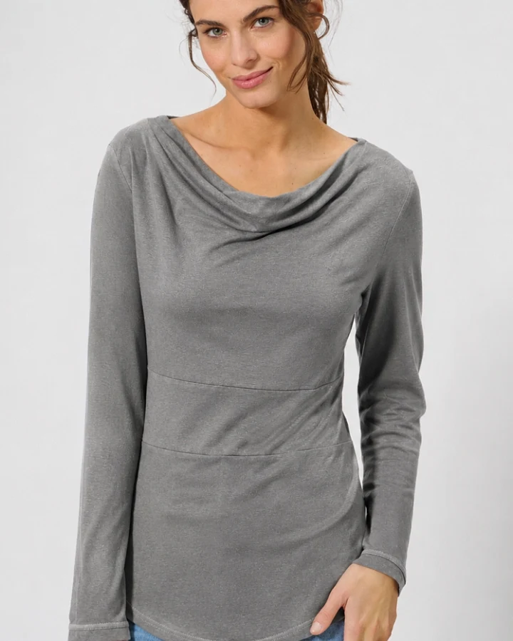Hempage Damen vegan Langarmshirt Wasserfallkragen Taupe