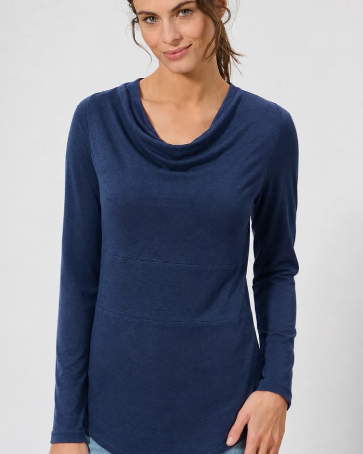 Hempage Damen vegan Langarmshirt Wasserfallkragen Navy