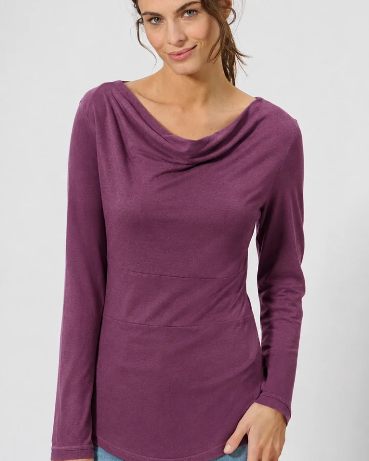 Hempage Damen vegan Langarmshirt Wasserfallkragen Lila