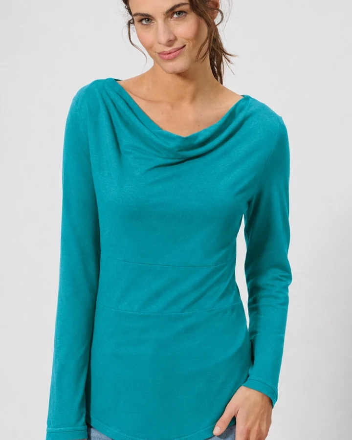 Hempage Damen vegan Langarmshirt Mit Wasserfallkragen Pacific Blue