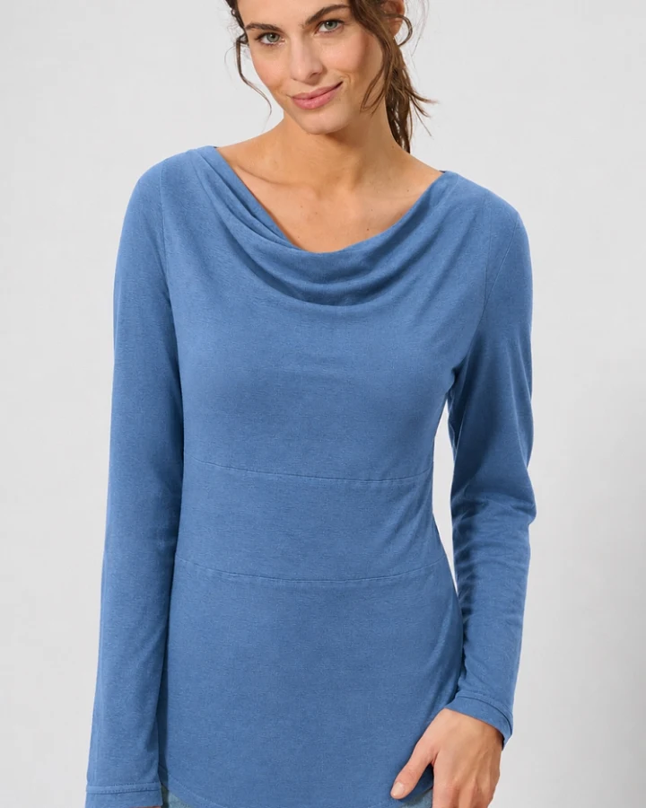 Hempage Damen vegan Langarmshirt Blueberry Wasserfallausschnitt Hanf Baumwolle