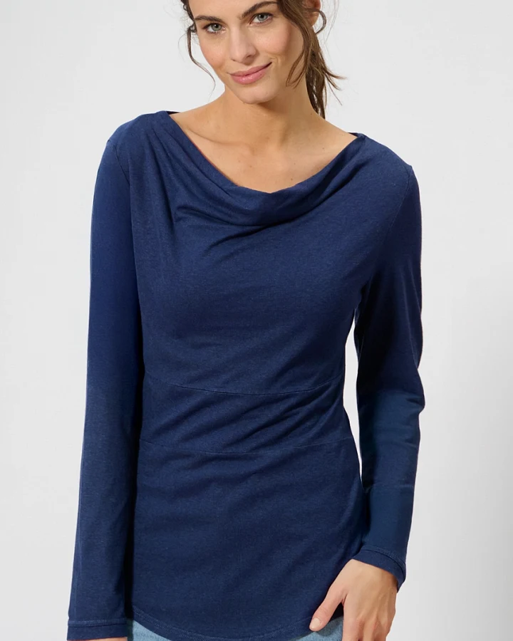 Hempage Damen vegan Langarmshirt Wasserfallausschnitt Night Navy