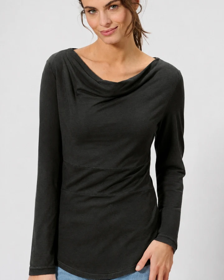 Hempage Damen vegan Langarmshirt Wasserfallkragen Schwarz