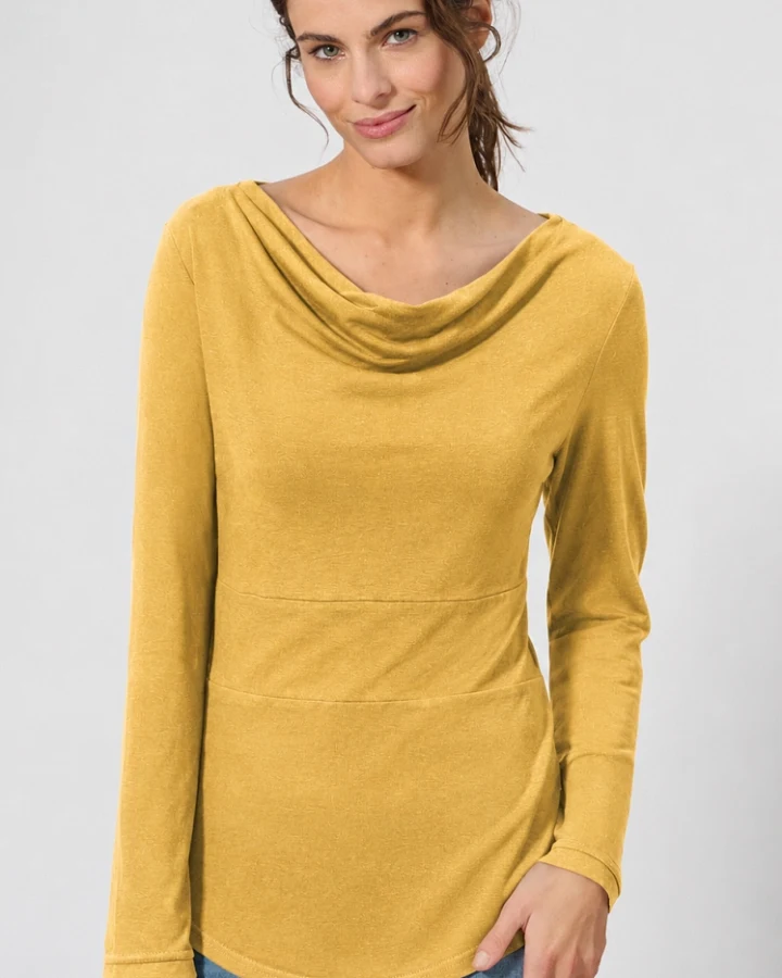 Hempage Damen vegan Langarmshirt Mit Wasserfallausschnitt Dijon Gelb