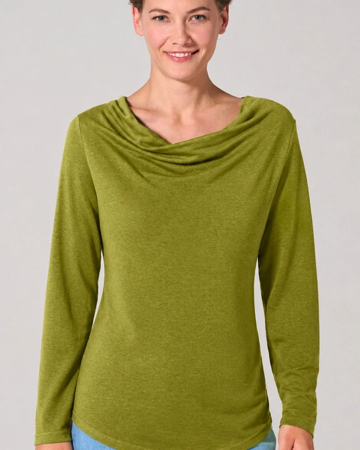 Hempage Damen vegan Langarmshirt Wasserfallausschnitt Pasture Green