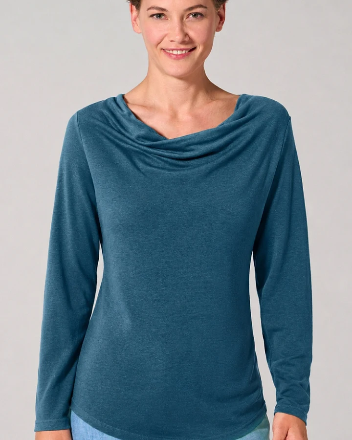 Hempage Damen vegan Langarmshirt Mit Wasserfallausschnitt Reef Teal