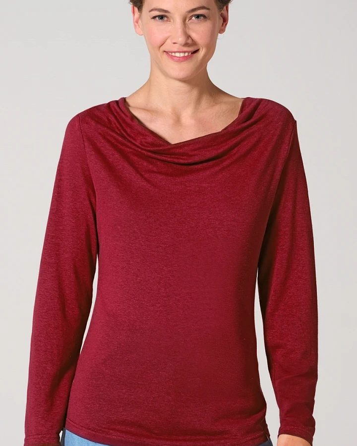 Hempage Damen vegan Langarmshirt Wasserfallausschnitt Rubinrot
