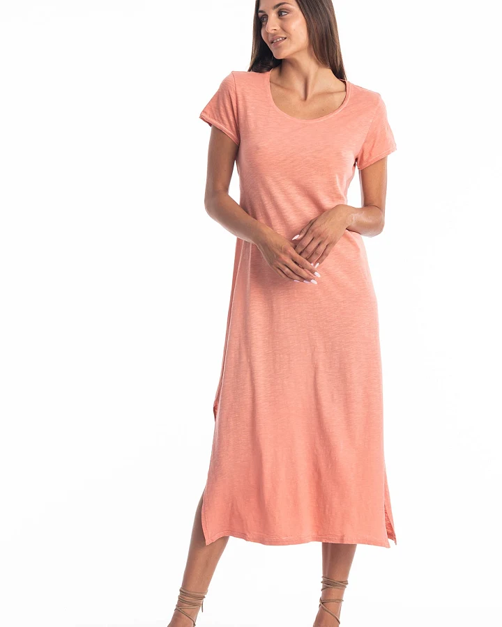 RAVENS VIEW IBIZA Damen vegan Rundhals Uma Kleid In Korallenrot