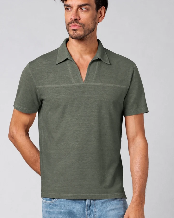 Hempage Herren vegan T-Shirt V-Ausschnitt Polokragen Moosgrün