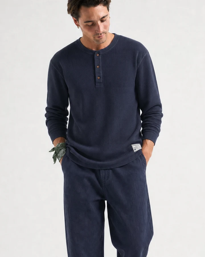 Trendsplant Herren vegan Langarm-Shirt Deck Waffle In Baritonblau