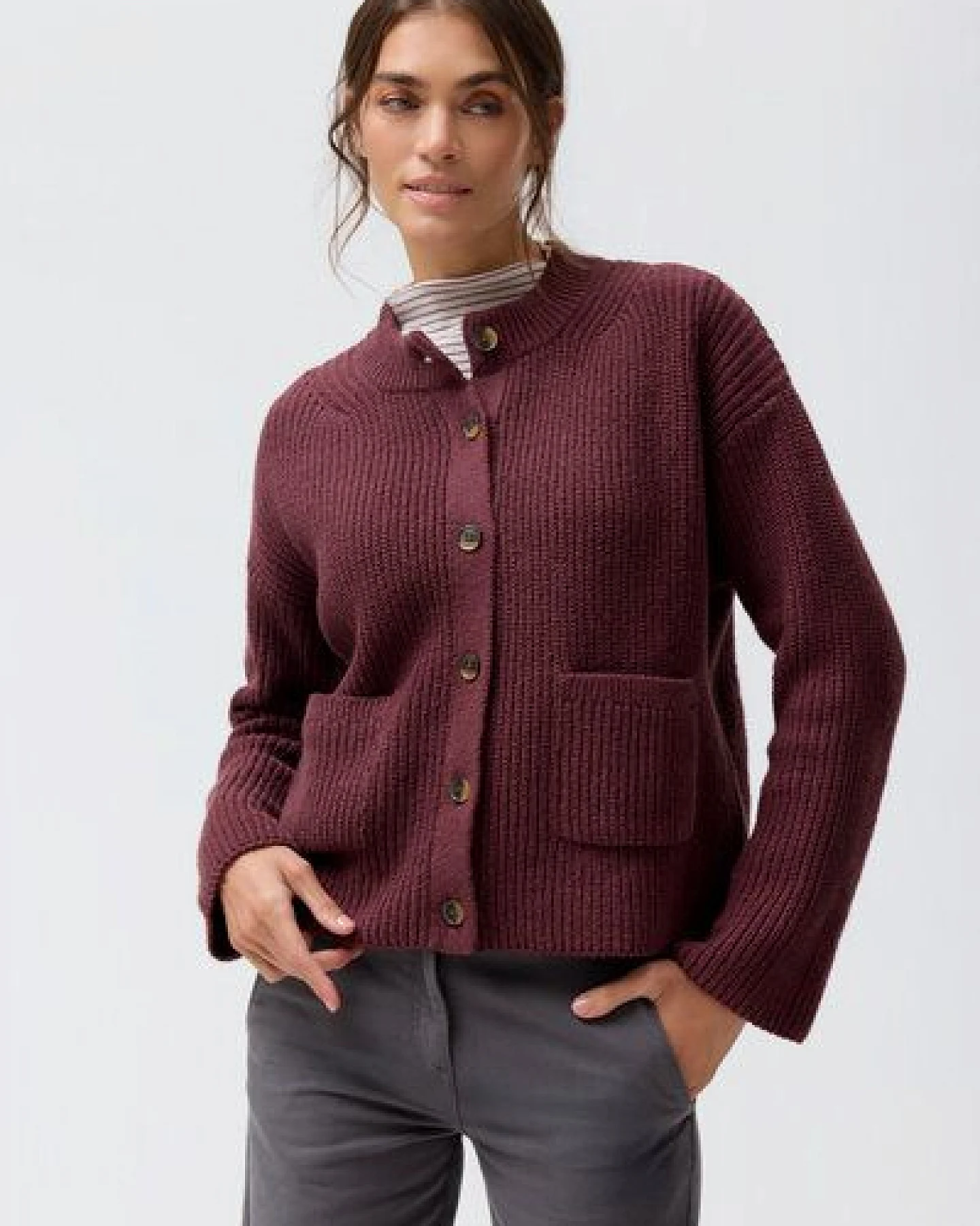 People Wear Organic Boucléstrick Strickjacke, rot uni – Ansicht 2