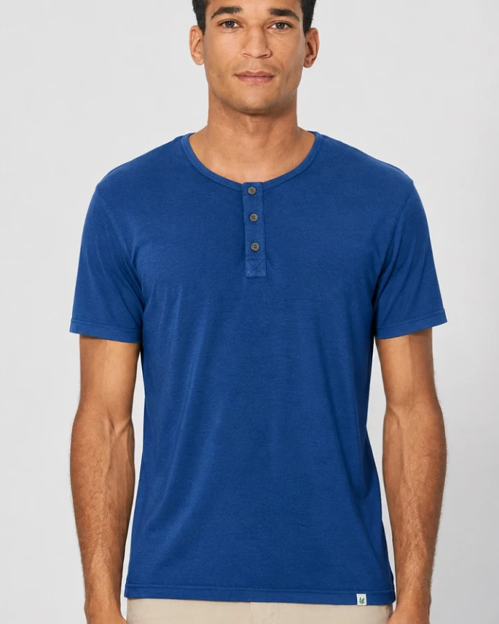 Hempage Herren vegan Einfarbiges Henley T-Shirt In Königsblau