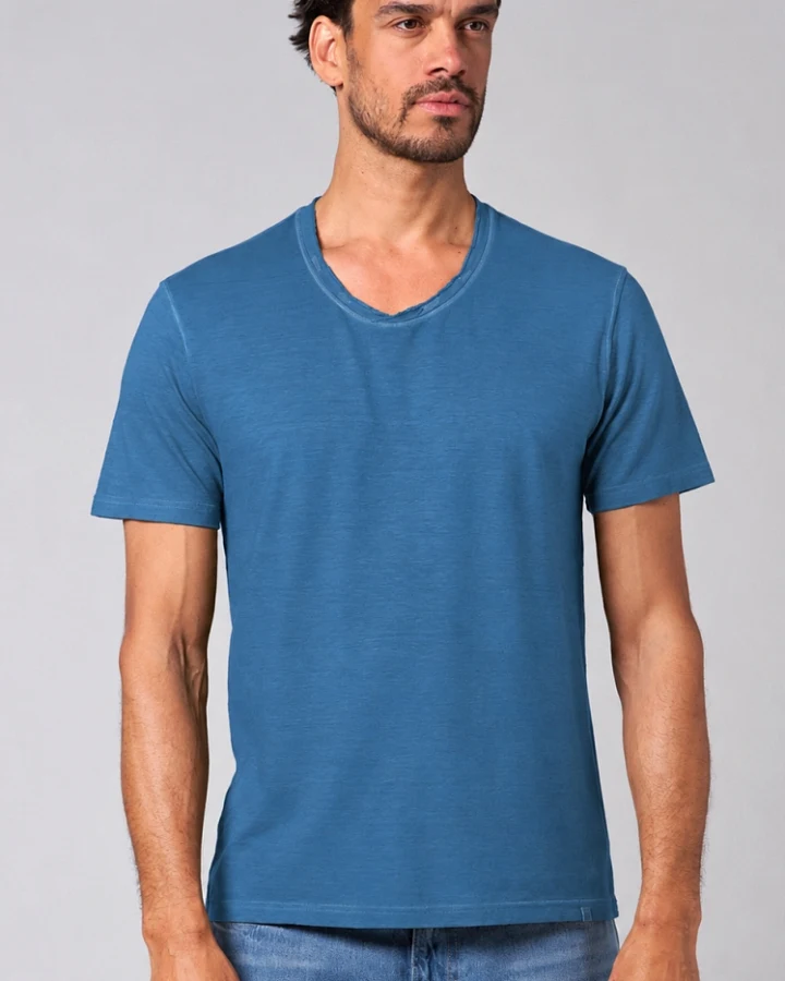 Hempage Herren vegan T-Shirt Rolled V-Neck Ozeanblau